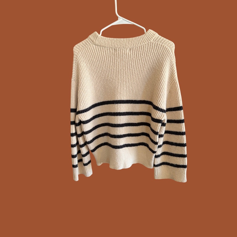Magaschoni Striped Knit Sweater Cream Black Crew Neck Boxy Fit Medium